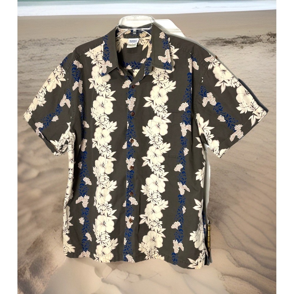 Old Navy Hawaiian Shirt Gray Floral Button Up Regular Fit Men's Large